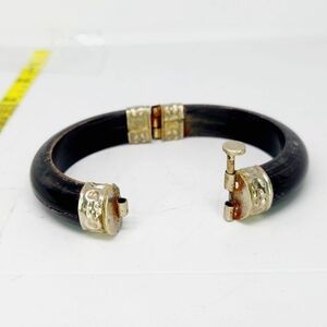 Vintage Carved Black Horn Brass inlay bracelet pin clasp Bangle Tribal Boho